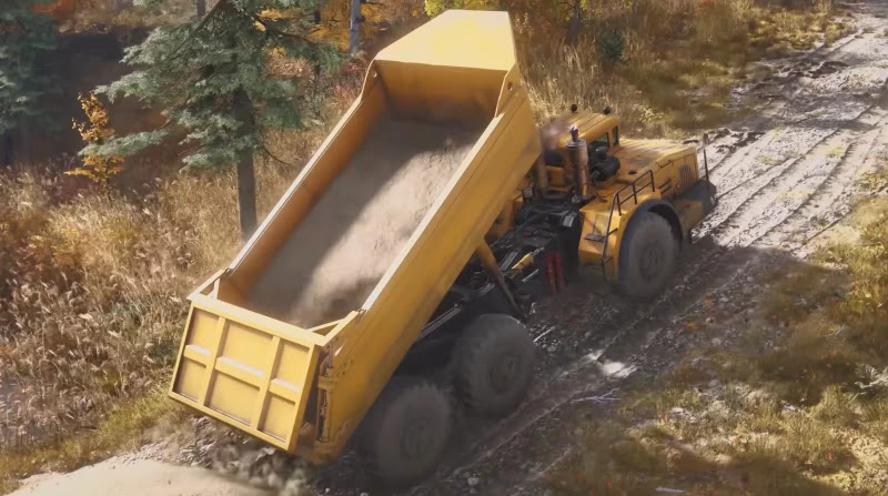 Imagen de un tráiler descargando arena para hacer una carretera en el videojuego Roadcraft