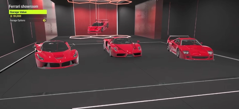 garaje lleno de ferraris en forza horizon 6